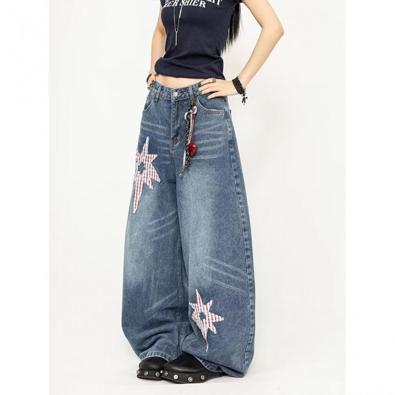 JYL Unisex Wide-Leg Jeans American Star Patch Summer Cleanfit Lazy Floor-Length Denim 2XL