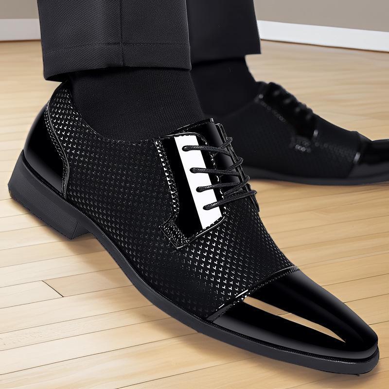 

Мужские кожаные туфли с острым носком: Деловой, повседневный, весна/осень, дышащий, британский/корейский стиль, для жениха/свадьбы. 41 чёрный