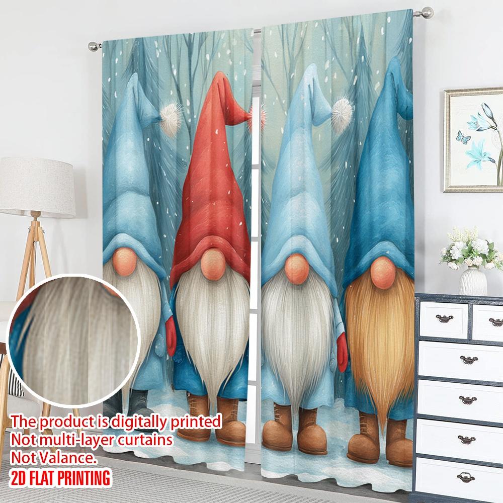 Set Of 2 Flat Printing Christmas Hot Party Curtains Gnomes Snow Forest Digital Printed Polyester Drapes Festive Wall Made