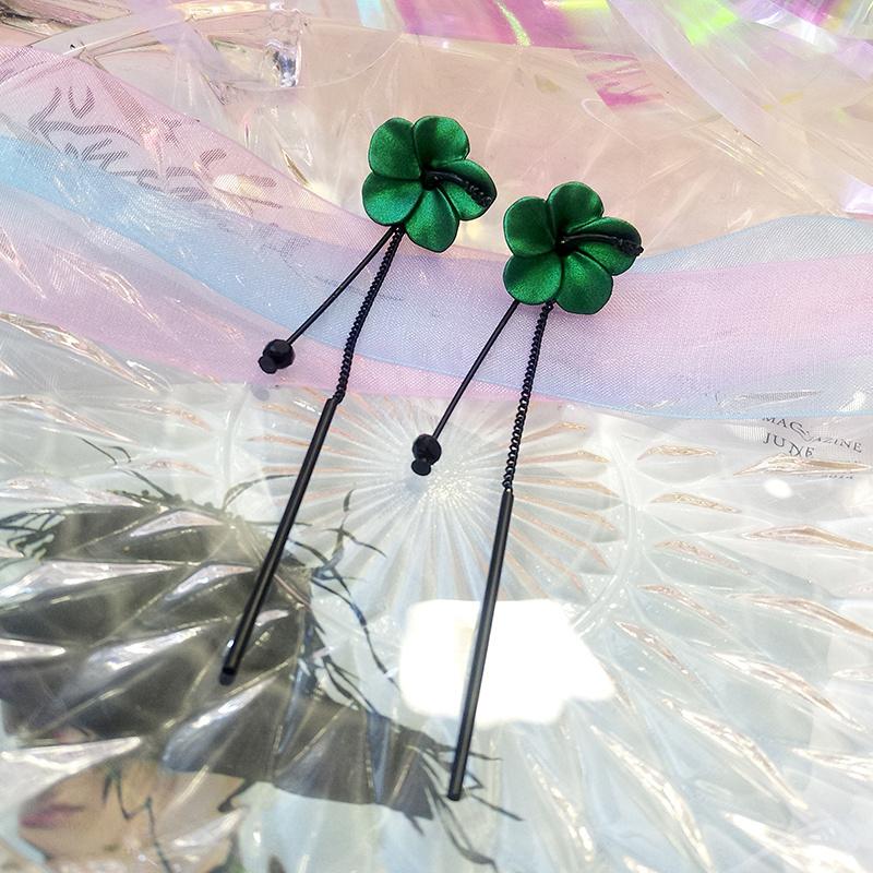 Retro Green Floral Tassel Earrings Temperament Long Pendant Ear Pendant Style Lady Ear Nail