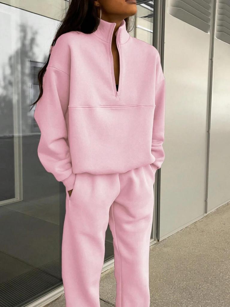 2025 European Autumn/Winter Fashion Zipper Lapel Solid Color Casual Two-Piece Set