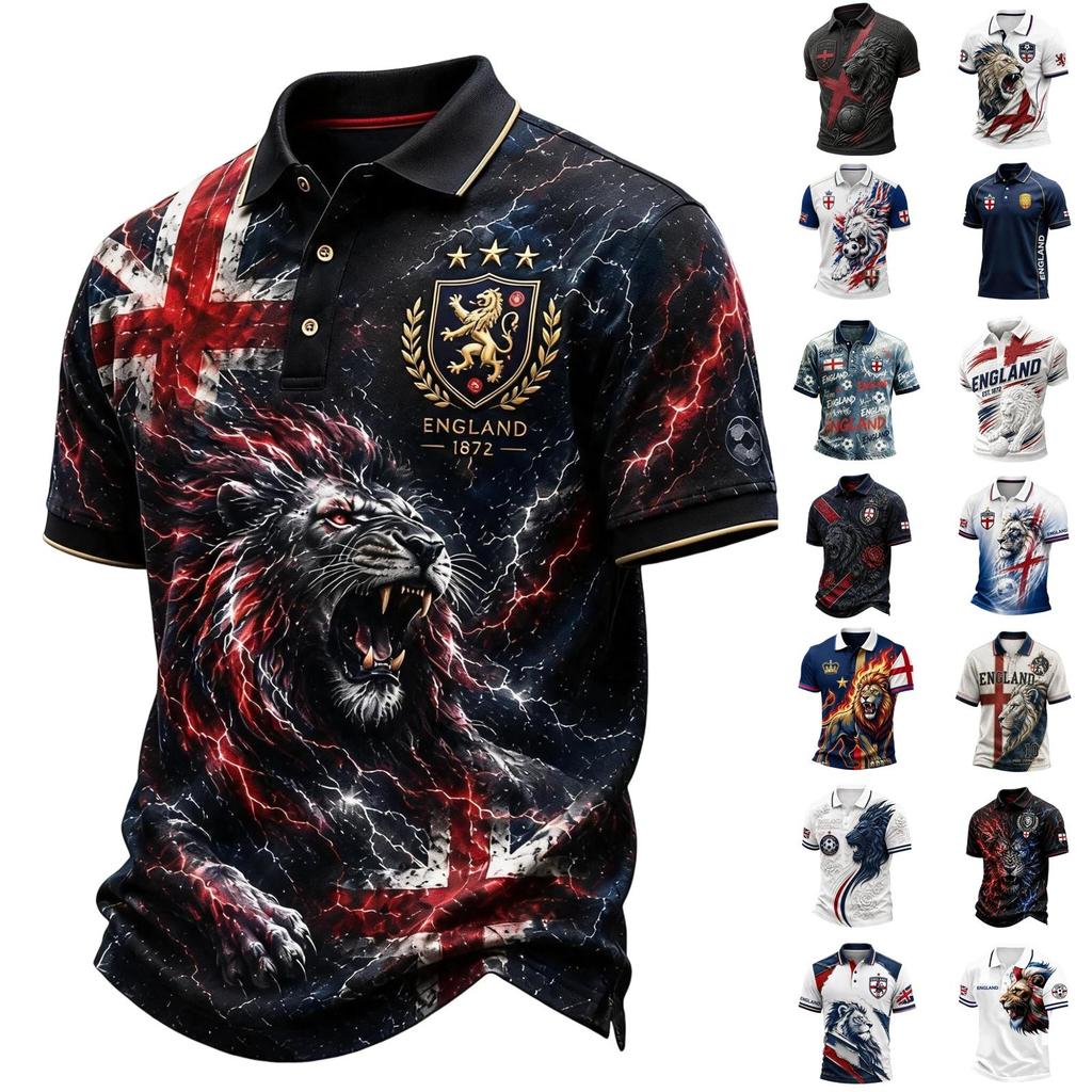 Camiseta Polo Estampada de Fútbol de Inglaterra para Hombre Corte Clásico Manga Corta Camiseta de Fútbol Ropa Deportiva Casual para Hombre