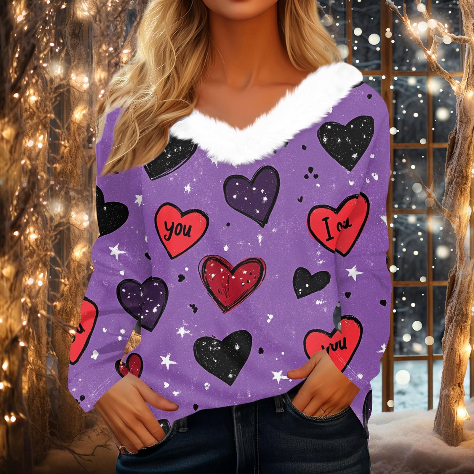 

Женская рубашка с длинным рукавом и принтом в виде сердца ко Дню святого Валентина, повседневная свободная футболка с V-образным вырезом, топы L