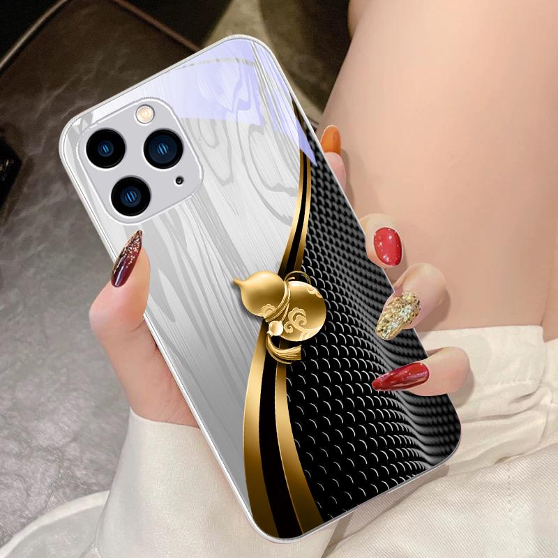 Holzmaserung Goldene Kürbis für iPhone 15 Pro 14 13 12 Mini 11 XS Max XR 7 8 Plus SE 2020 2022 Gehärtetes Glas Handyhülle