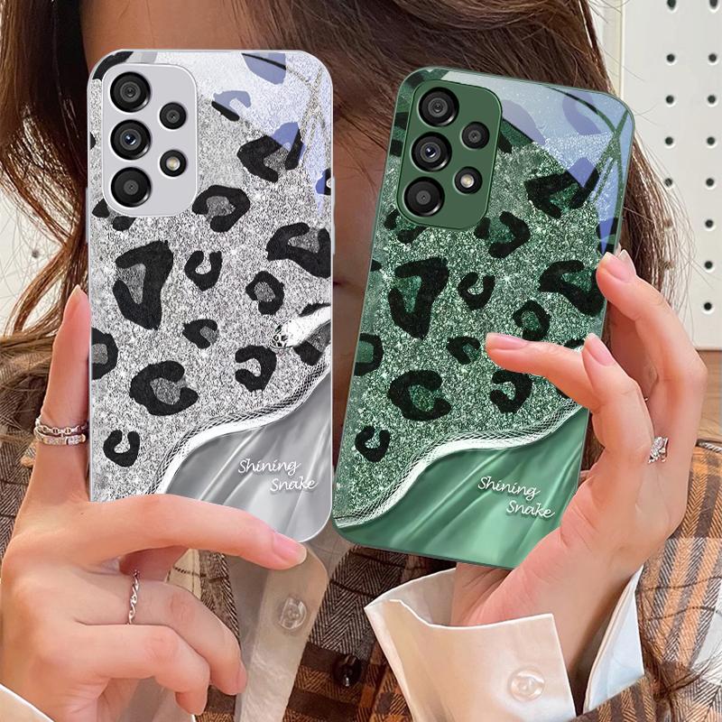 Leopard Pailletten Schlange Für Samsung Galaxy S10 4G S20 11E 30 S21 22 S24 Fe Pro S23 S25 Ultra 5G S9 Gehärtetes Glas Handyhülle