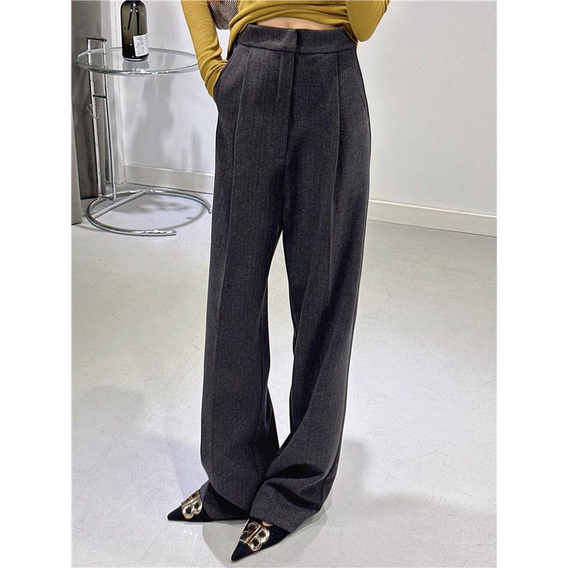 

Gray Wool High-Waisted Wide-Leg Pants for Women - Comfortable, Slimming, Drape Straight-Leg Fit for Autumn and Winter Extra Large