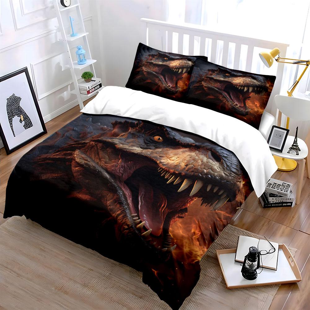 Roaring Dinosaur with Fiery Backdrop Print Bedding Set 1Duvet Cover 2 Pillowcases for Adult and Children Luxury Gift Full Size