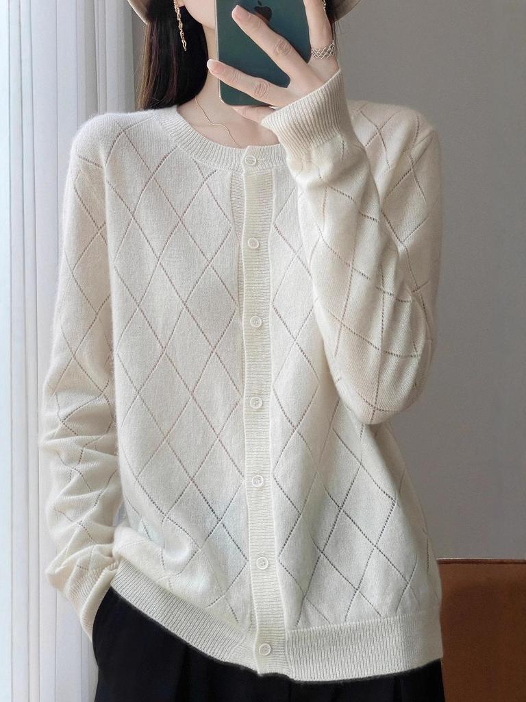 Women's 100% Wool Round Neck Cardigan - Autumn/Winter Versatile Short Sweater Coat