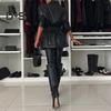 Women Coat Elastic Slim Waist Smooth Surface Faux Leather Turn-down Collar Jacket Mid Length Solid Color Double-breasted Outerwear