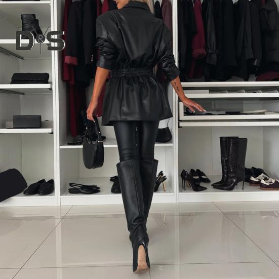 Women Coat Elastic Slim Waist Smooth Surface Faux Leather Turn-down Collar Jacket Mid Length Solid Color Double-breasted Outerwear