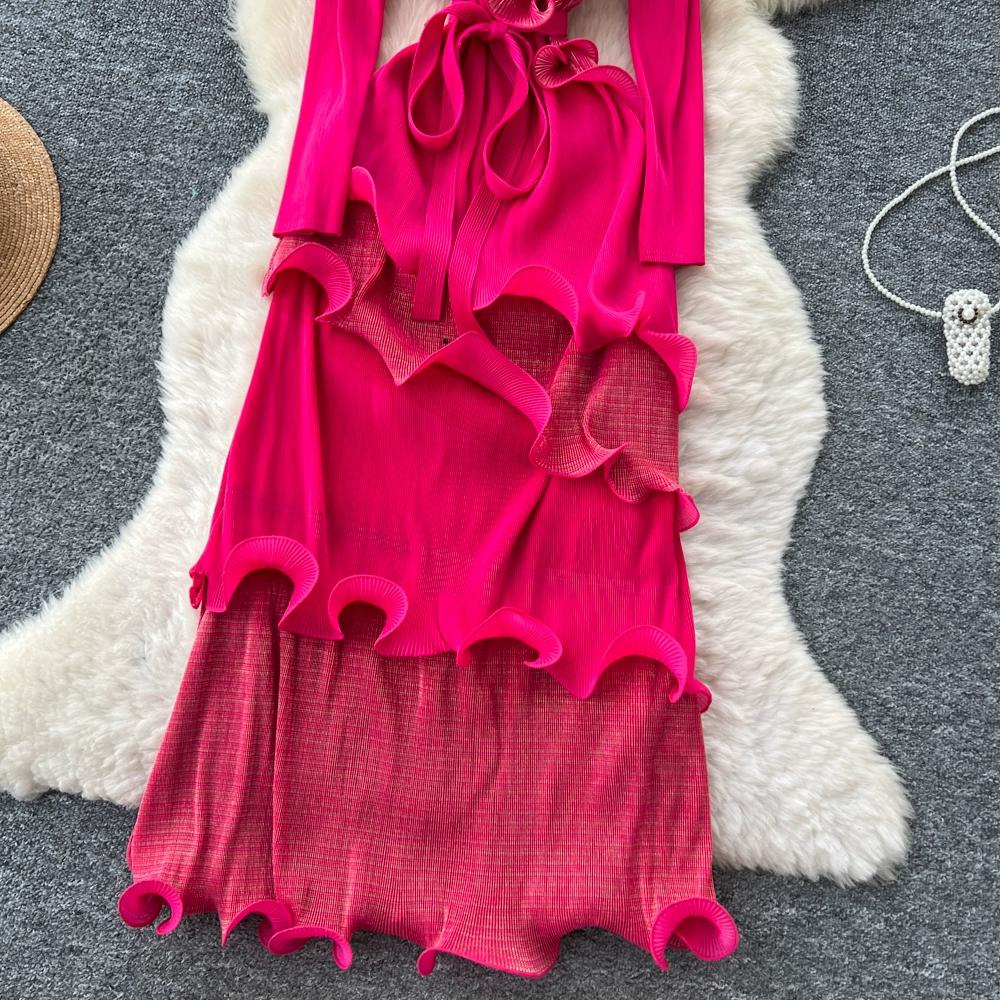 Autumn Winter Women Elegant 3D Flower Ruffles Miyake Fold Christmas Party Oversized Loose Lace-up Dresses