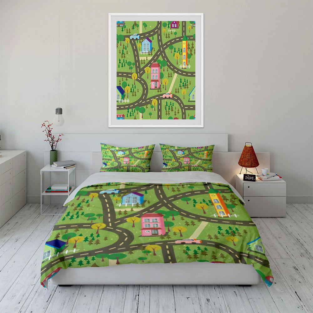"Colorful Town Map Play Set" Kid's and Adults' Bedroom Decor, Exquisite Three-piece Bedding Set Gift