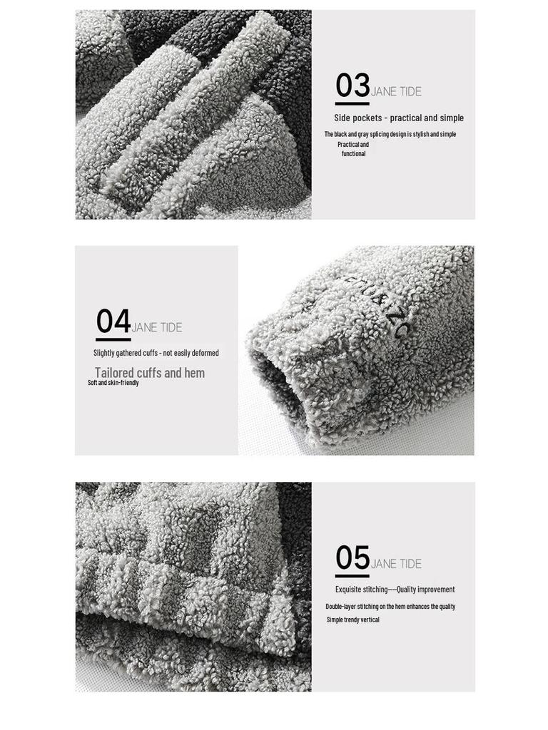 Men's Trendy Lamb Wool Jacket: Autumn/Winter Stand-Up Collar, Color Block Design, Unisex Fleece Coat