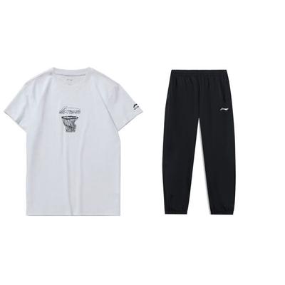 Li Ning Printed Letter Crew Neck Pullover Short Sleeve T-Shirt And Mid Waist Cuffed Long Pants Casual Sports Set Men Sets AHST467-1+AYKT415-1