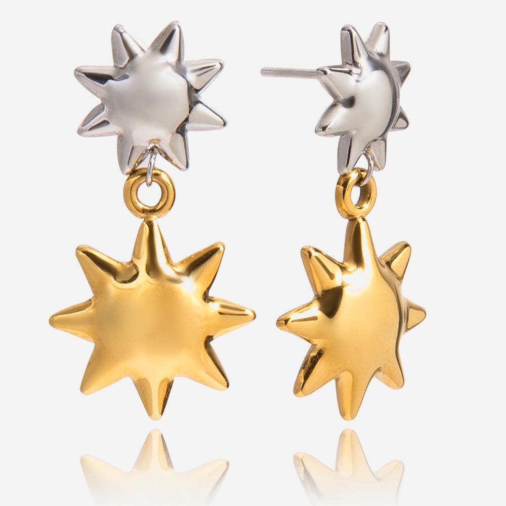 Design sense Classic style 18K gold, gold and silver color matching, upper steel and lower gold sun pendant earrings earrings