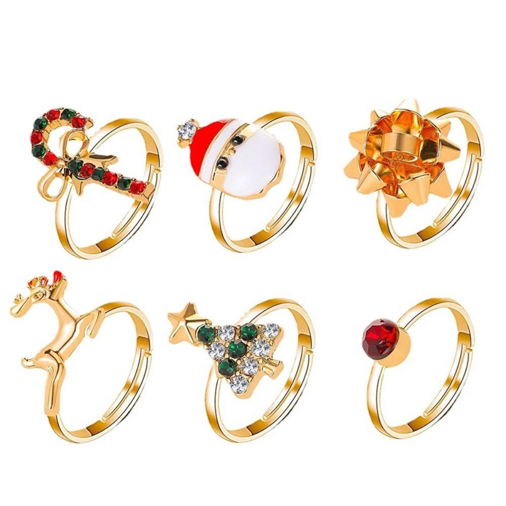 6pcs/Set Dripping Oil Enamel Santa Claus Ring Christmas Tree Xmas Jewelry Ornaments  Women