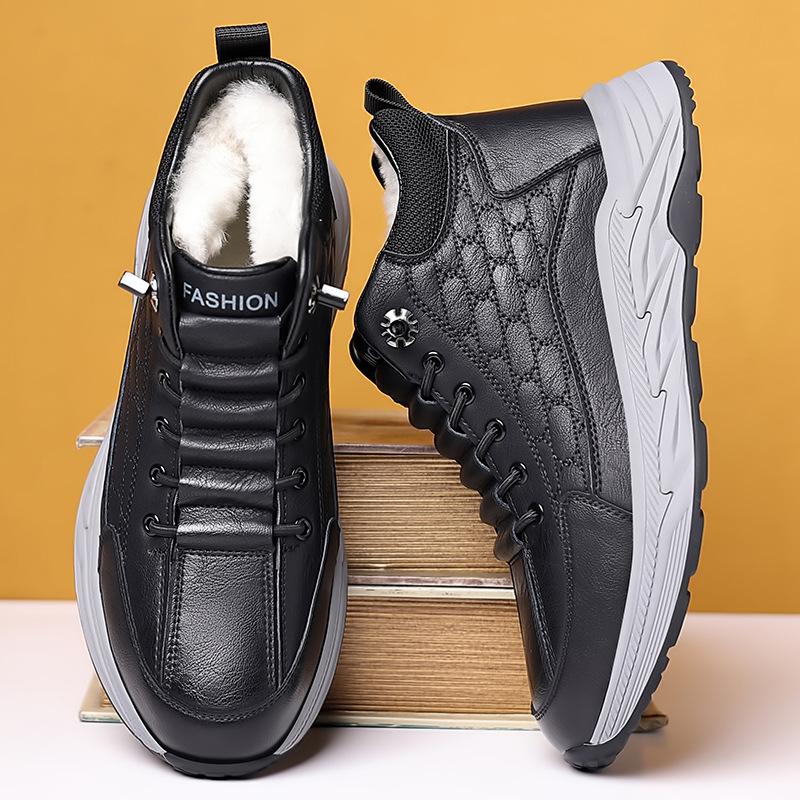 2024 Winter New Men's High-top Cotton Shoes Men's Platform-soled Lace-up Thermal Casual Leather Shoes Snow Boots 8002