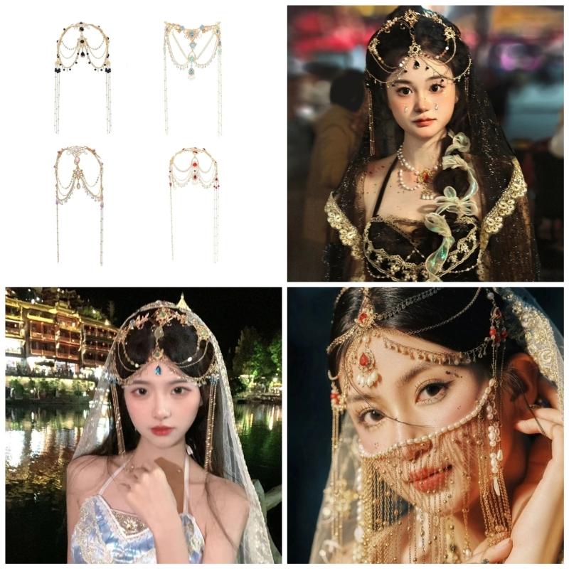 Exotic Forehead Jewelry Accessory Opulent Forehead Jewelry with Pearls Drop Stylish Fringes Headwear for Parties
