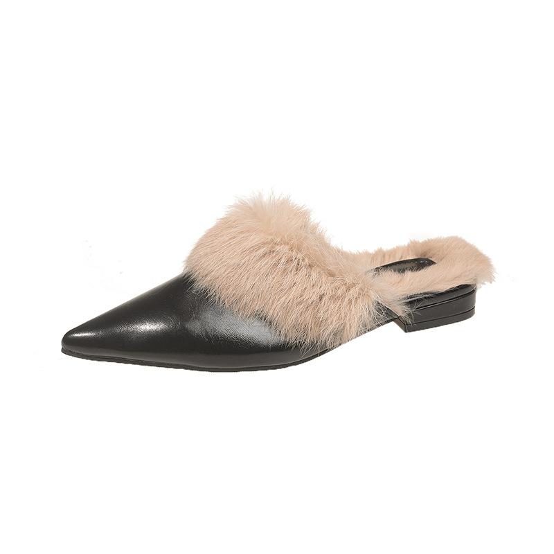 Pointed Head Flat Bottom Bag Head Slippers Women's Shoes Rabbit Fur Plush Warm Fashion Outdoor Fluff Drag High-end Leather Surface Europe and America