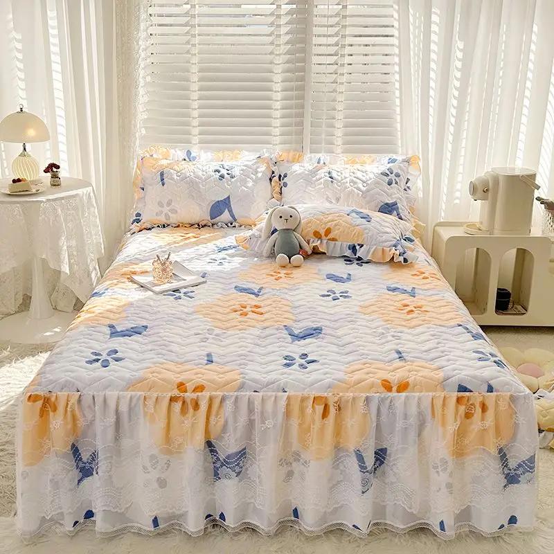 Bawełniana i lniana falbanka na ramę łóżka z nadrukiem trzyczęściowy zestaw gradientowa pikowana koronkowa narzuta antypoślizgowa pyłoszczelna pościel prześcieradła