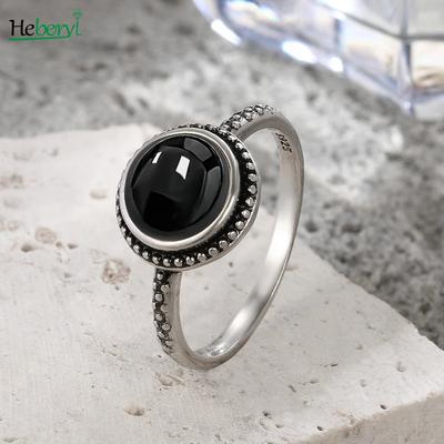 Vintage  Sterling Silver Black Onyx Ring Simple Minimalist Style Round Shape Natural Stone Black Ring Fine Jewelry For Women