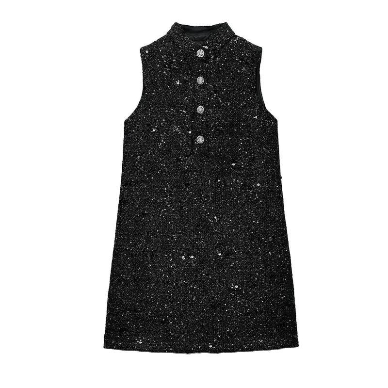 Fall and Winter New Women's Clothing Fashion Style Sleeveless Stand Collar Sequin Decorative Texture Mini Dress 9251949