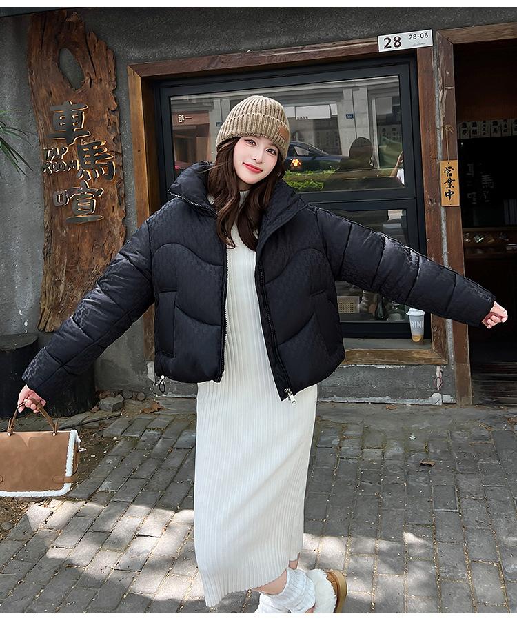 Women’s Short Stand Collar Houndstooth Windproof Thicken Warm Winter Jacket