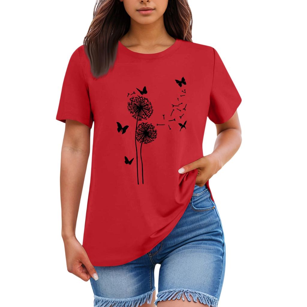 Ladies' Loose Comfortable Casual Fashionable Plant Flower Printed Round Neck Short Sleeved Shirt