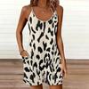 Womens Sleeveless Spaghetti Strap Romper Leopard Print Pocket Short Jumpsuit