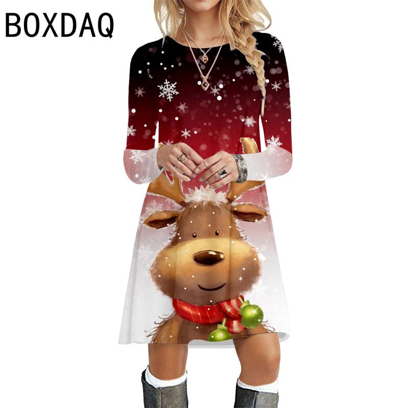 Ladies' Christmas Dress Long Sleeve O-Neck Big Size Casual Dress 3D Fun Cartoon Christmas Deer Pattern Gradient Print Dresses