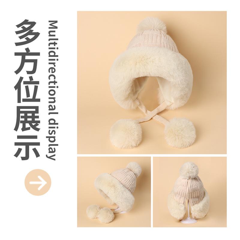 24 New Winter Thickened Cold-proof Warm Hat Women's Cute Hairball Knitted Wool Ear Protection Hat Northeast Lei Feng Hat