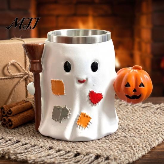 Gifts for Halloween Lovers 300ml Ghost Mug, Resin Insulated Coffee Cup, Cute Drink Funny Couple Cups Cup with Pumpkin And Broomstick, Drinkware Adults