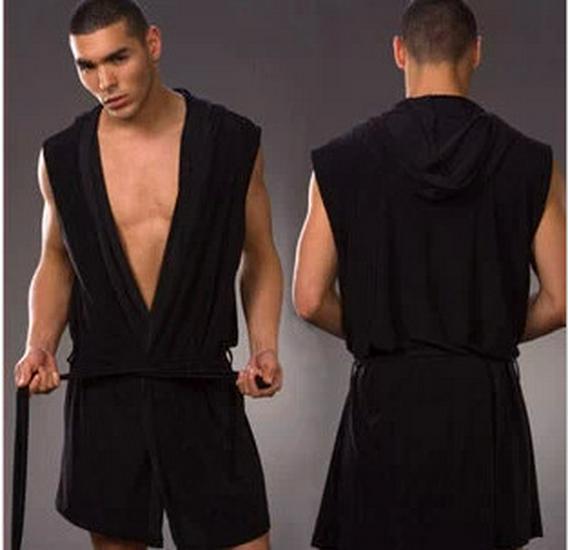 

Мужской тонкий шелковый халат без рукавов с капюшоном, европейский стиль, доступен в шести цветах, нижнее белье не входит в комплект XL чёрный