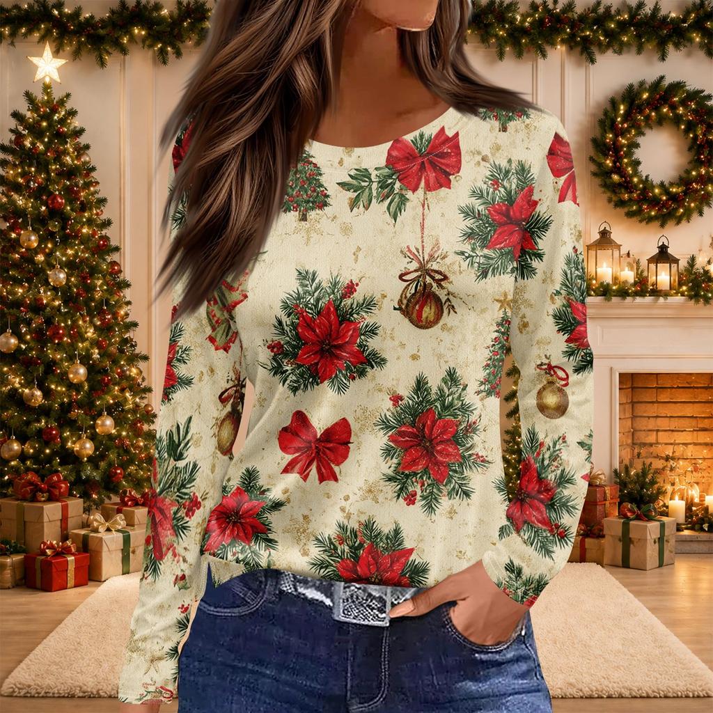 Women's Christmas Print Long Sleeve Top with Side Slit Hem and Round Neck for Holiday Parties