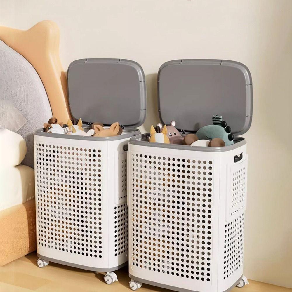Large Capacity Folding Dirty Clothes Basket Plastic Dust-proof Rolling Laundry Basket Detachable with Mute Wheels