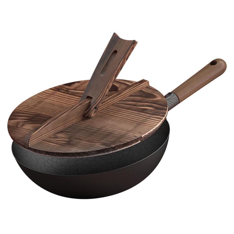 Aibofei Traditional Iron Wok with Fir Wood Lid
