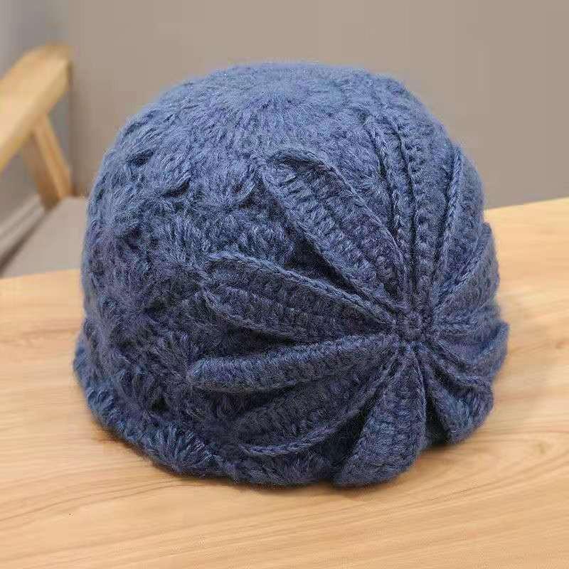 

Женский берет ручной вязки крючком в корейском стиле из мохера - Дизайн с полым цветком для осени/зимы, теплая шерстяная вязаная шапка M (56-58cm)