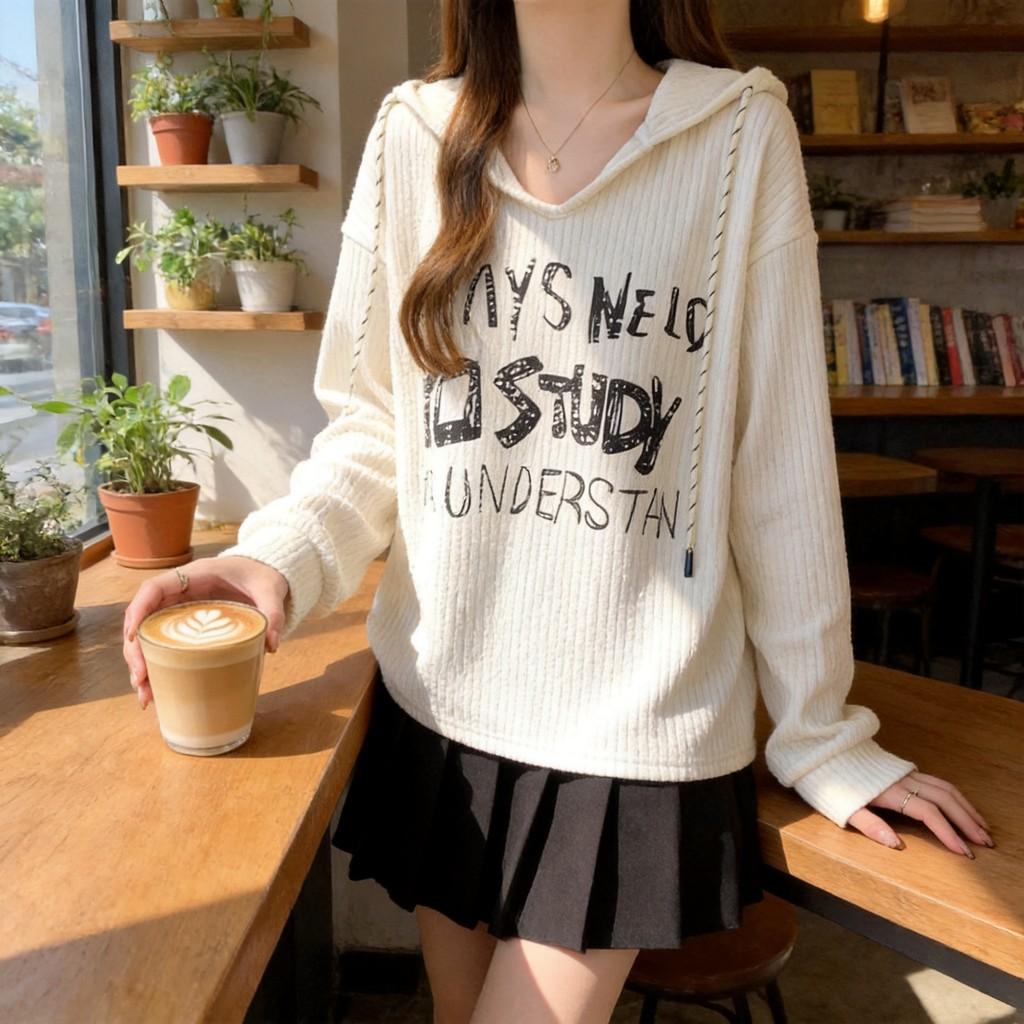 T Shirt Women Long Sleeve Print Polyester Casual Loose Fit For Office Wear