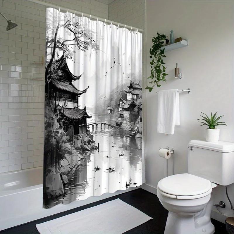 Misty Riverside Village Shower Curtain - Chinese Style, Tranquil Atmosphere, Polyester,  70.8x70.8 Inches, Serene Asian Design