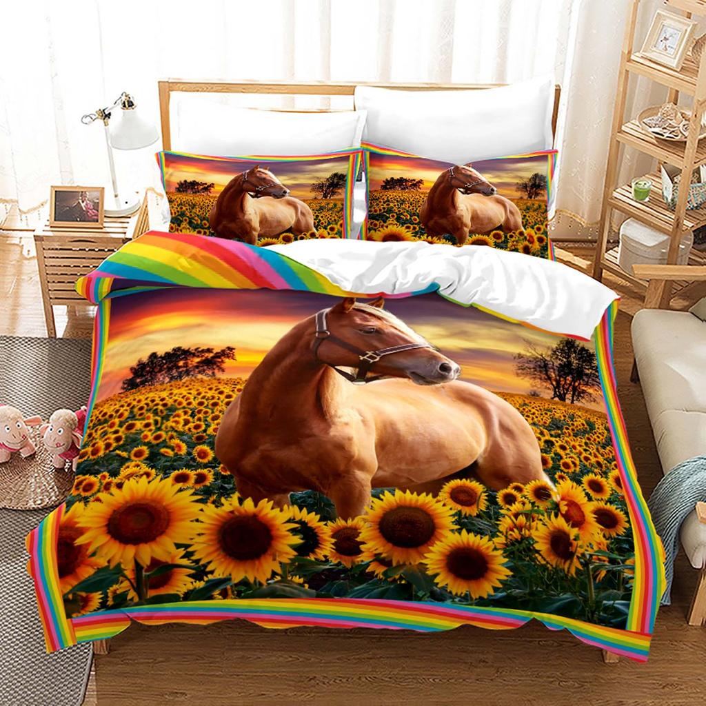 3D Animal Horse Bedding Set for Boys and Girls, Down Duvet Cover Pillowcase 2/3pc, Single Double Bed, Luxury Home Textile Duvet Cover Set, Gift