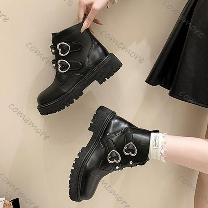 Fashion Comemore 2025 New Round Head Chunky Heel Leather Ankle Boots Metal Buckle Punk Knight Botas Female Fashion Women Autumn Shoes