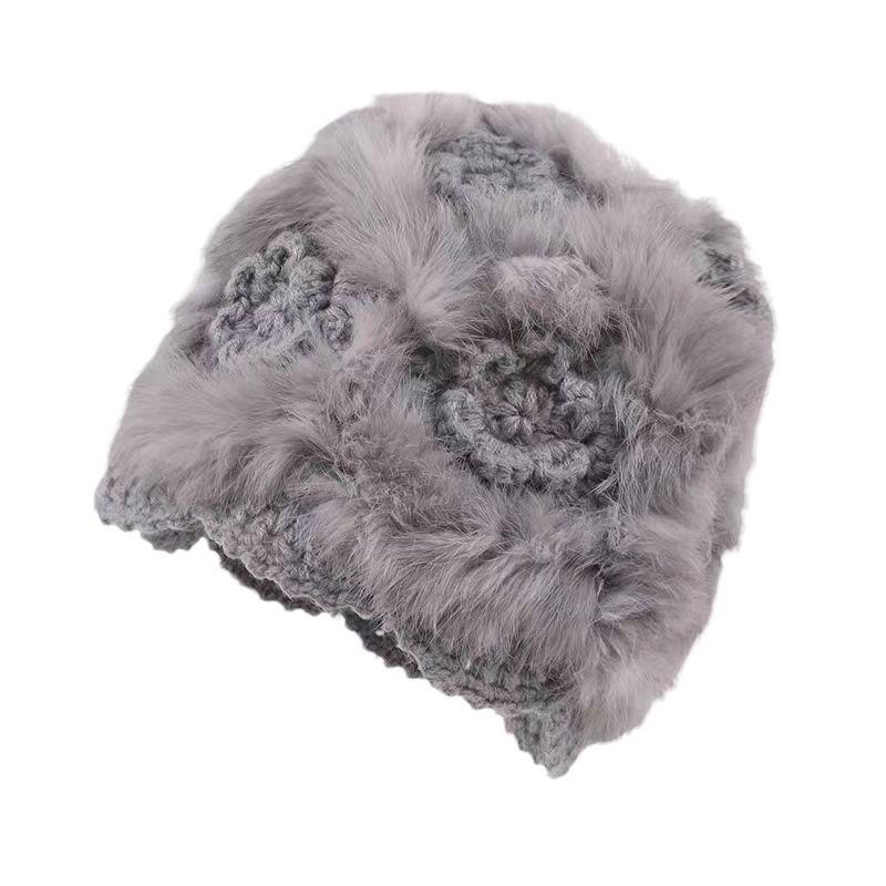Rabbit Fur Plush Hat Women's Autumn and Winter Hollow Crochet Knitted Hat Thickened Warm Face Small Wool Hat Baotou Hat Tide