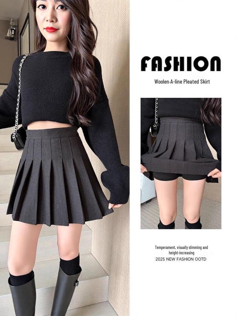 Autumn Winter Woolen Pleated A-line Skirt: High Waist, Plus Size, Petite & Short Length Options