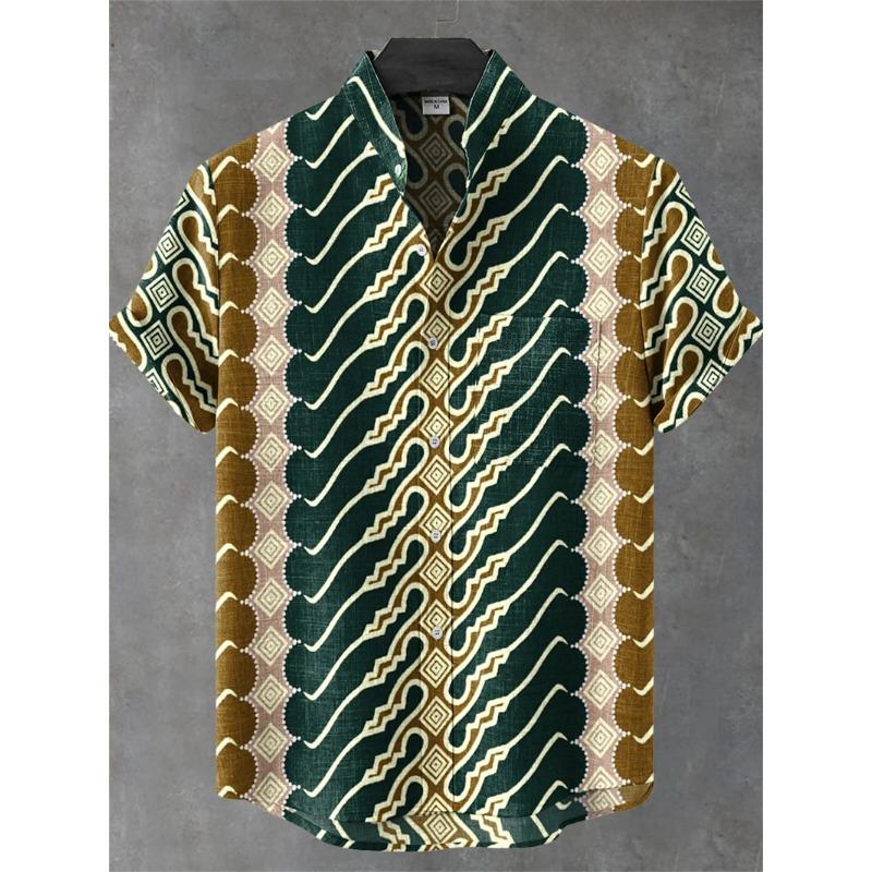 Men's Short Sleeve Shirt Vintage Ethnic Style Sunlight and Tree Illustration Art Wave Print Casual Linen Shirt,