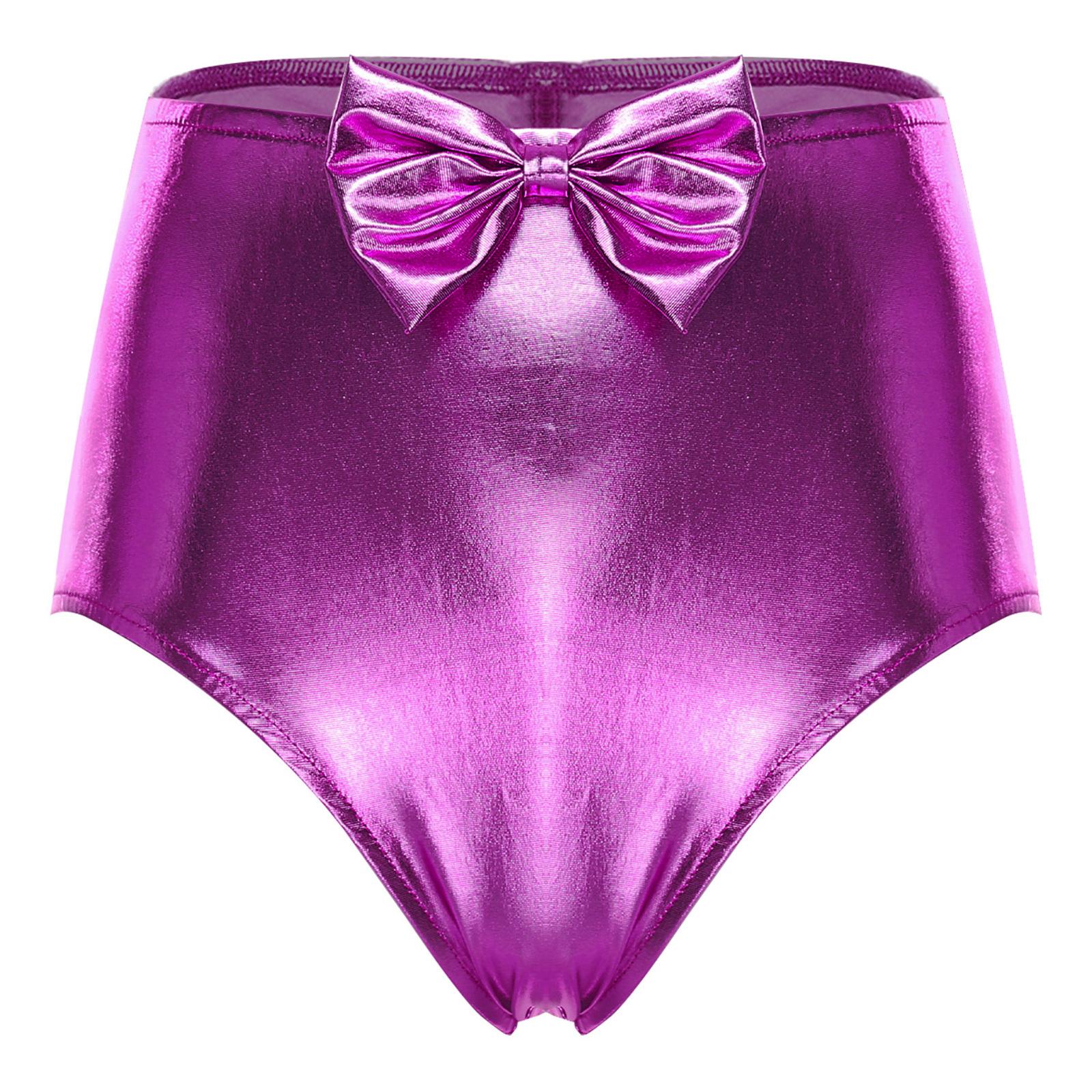 

Womens Iridescent Metallic Hot Pants Front Bow Back Ruched High Waist Booty Shorts S фіолетовий