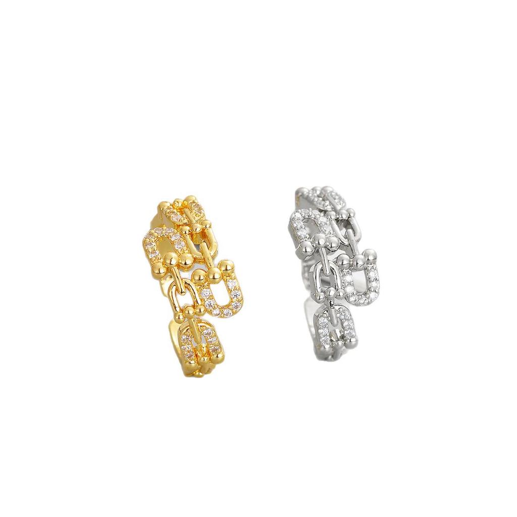 2026 Women's Gold-Plated Copper Full Diamond Pig Nose Bracelet and Ring Set