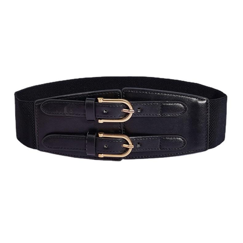 Wind Lady Double Buckle Wide Belt Retro Elastic Elastic Waist Seal Waist Decoration