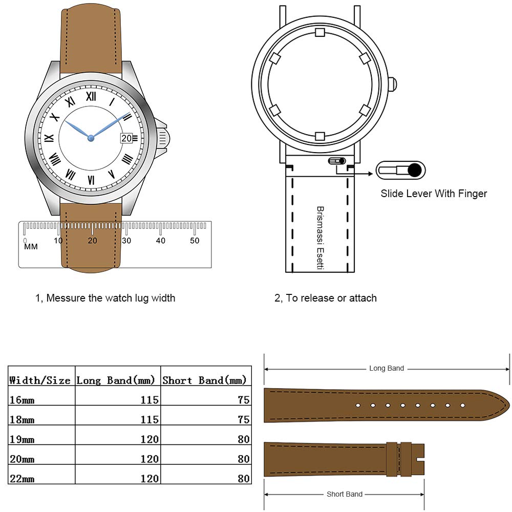 Brismassi Esetti Schnellverschluss Echtes Leder Uhrenarmband Beliebte Ersatzarmbandgrößen 22mm Kalbslederband, - 16mm, 18mm, 19mm, 20mm, (Strapazierfähiges Futter)