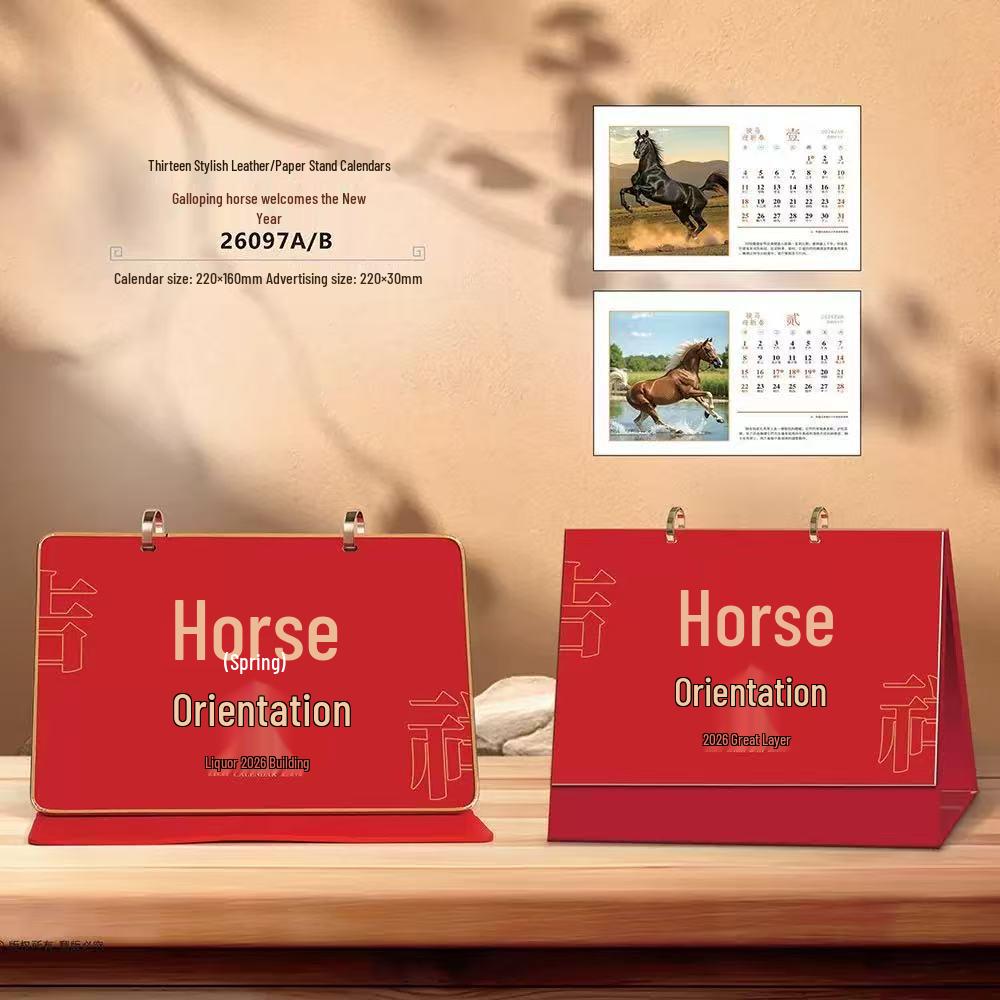 2026 Year of the Horse Creative Desk Calendar Set with Wooden Stand and Hot Stamping Logo.