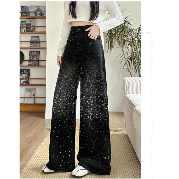 Women Korean Style Wide Leg Pants with All Star Rhinestones Fashionable and Versatile Floor Length Trousers